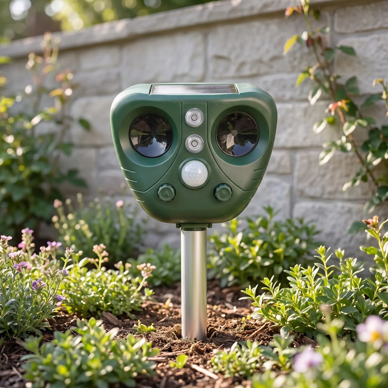 AvisGuard  - Solar Ultrasonic Animal Repellent Setting Up In Flowerbeds