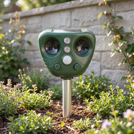 AvisGuard  - Solar Ultrasonic Animal Repellent Setting Up In Flowerbeds