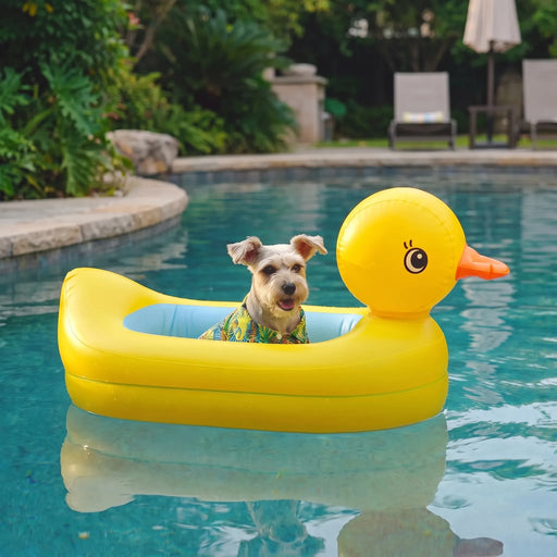 QuackBoat  - Inflatable Dog Pool Float In A Duck Design Relaxing On The Water